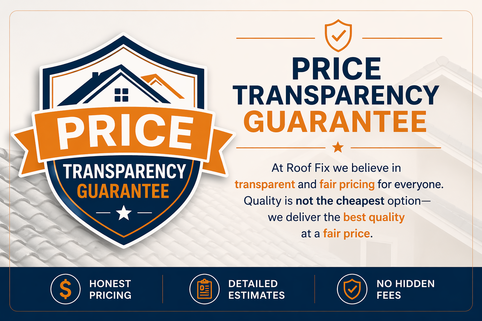 Price Transparency Guarantee graphic for Roof Fix AZ highlighting honest pricing and no hidden fees